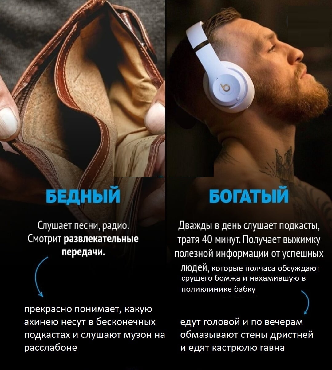 у у БЕДНЫЙ БОГАТЫЙ (Слушает песни, радио. Дважды в день слушает подкасты, Смотрит развлекательные тратя 40 минут. Получает выжимку передачи. полезной информации от успешных людей, которые полчаса обсу