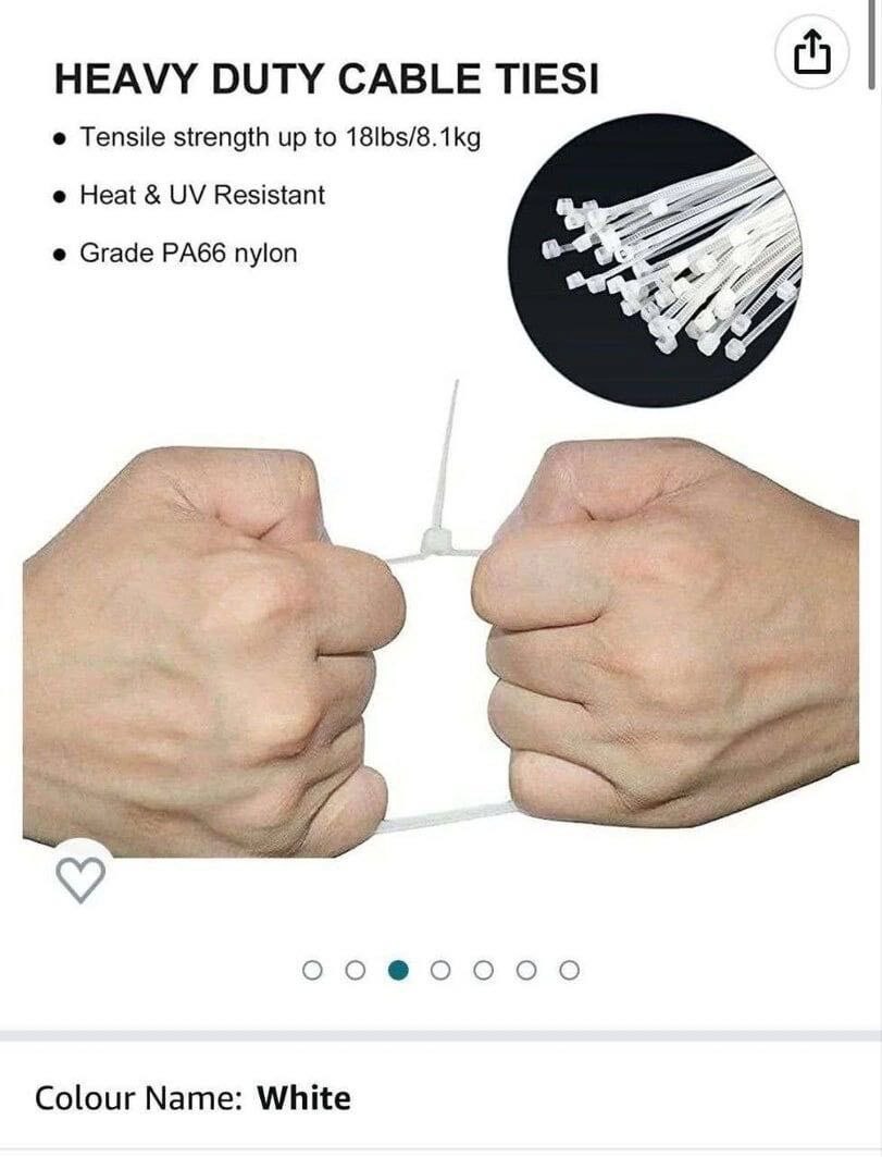 i HEAVY DUTY CABLE TIESI Tensile strength up to 18lbs/8.1kg Heat Resistant Grade РАбб nylon “9 Colour Name: White