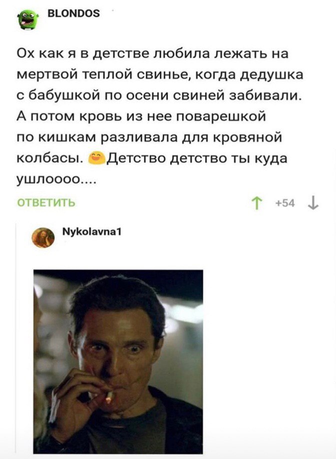 BLONDOS как я в детстве любила лежать мертвой теплой свинье, когда дедушка с бабушкой по осени свиней забивали. А потом кровь из нее поварешкой по кишкам разливала для кровяной колбасы. Детство детств