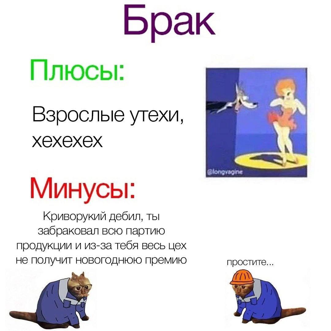 Брак Плюсы: Взрослые утехи, хехехех Минусы: Криворукий дебил, ты забраковал всю партию продукции и из-за тебя весь цех не получит новогоднюю премию простите...