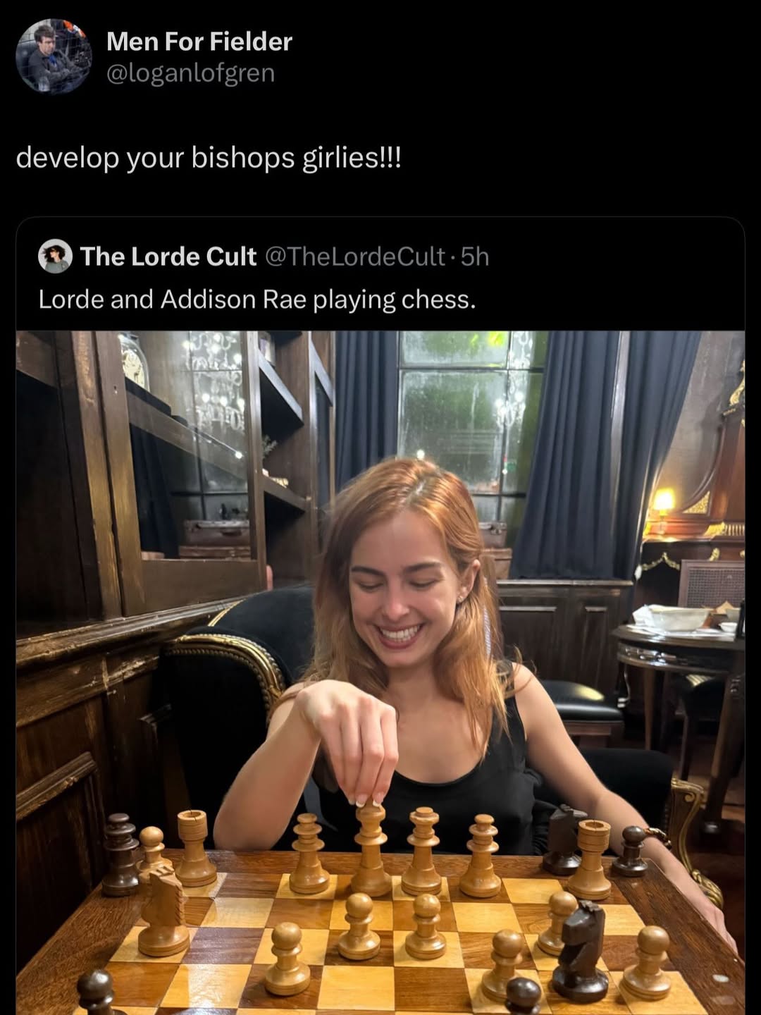 Men For Fielder develop your bishops girlies!!! ‘Тре Lorde Cult Lorde and Addison Rae playing chess. и