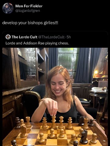 Men For Fielder develop your bishops girlies!!! ‘Тре Lorde Cult Lorde and Addison Rae playing chess. и