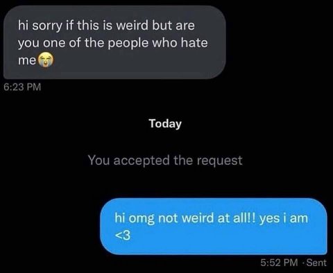 sorry if this is weird but are you one of the people who hate me 6:23 Today You accepted the request 5:52 -Sent
