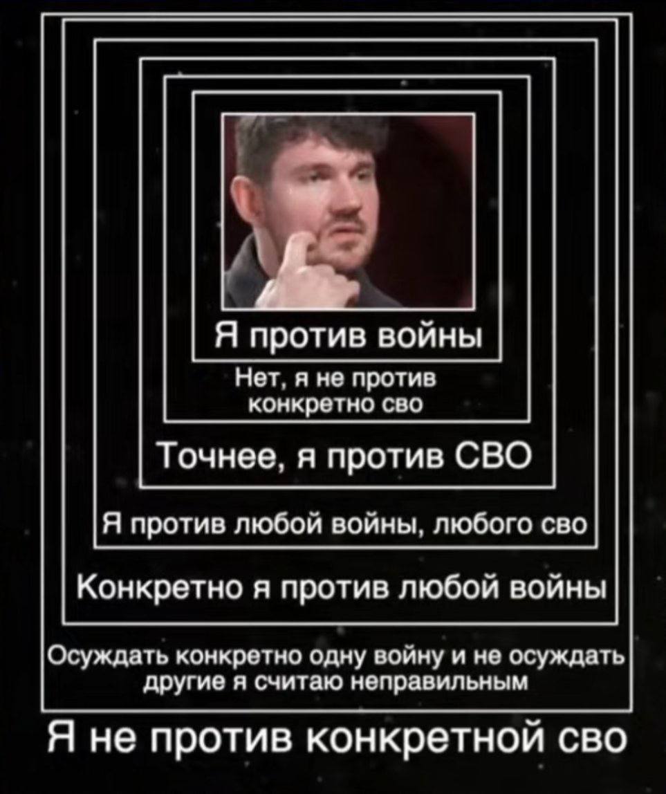 а у: Я против войны Нет, я не против конкретно сво Точнее, я против СВО Я против любой войны, любого сво Конкретно я против любой войны Осуждать конкретно одну войну и не осуждать другие я считаю непр