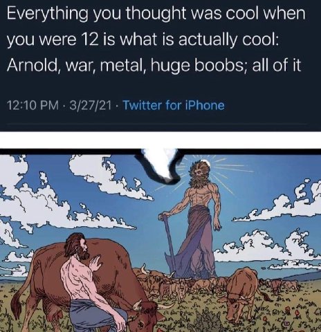 Everything you thought was cool when you were 12 is what is actually cool: Arnold, war, metal, huge boobs; all of it 12:10 3/27/21 Twitter for iPhone и