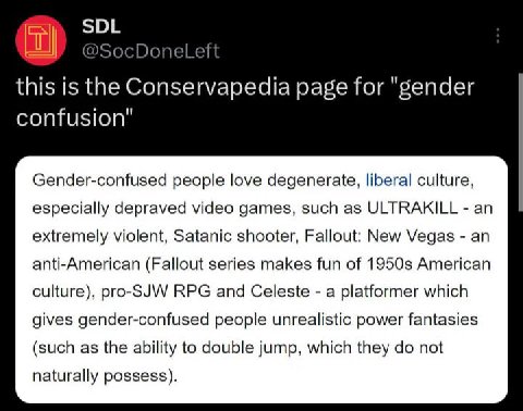 SDL this is the Conservapedia page for "gender confusion" Gender-confused people love degenerate, liberal culture, especially depraved video games, such as ULTRAKILL an extremely violent, Satanic shoo