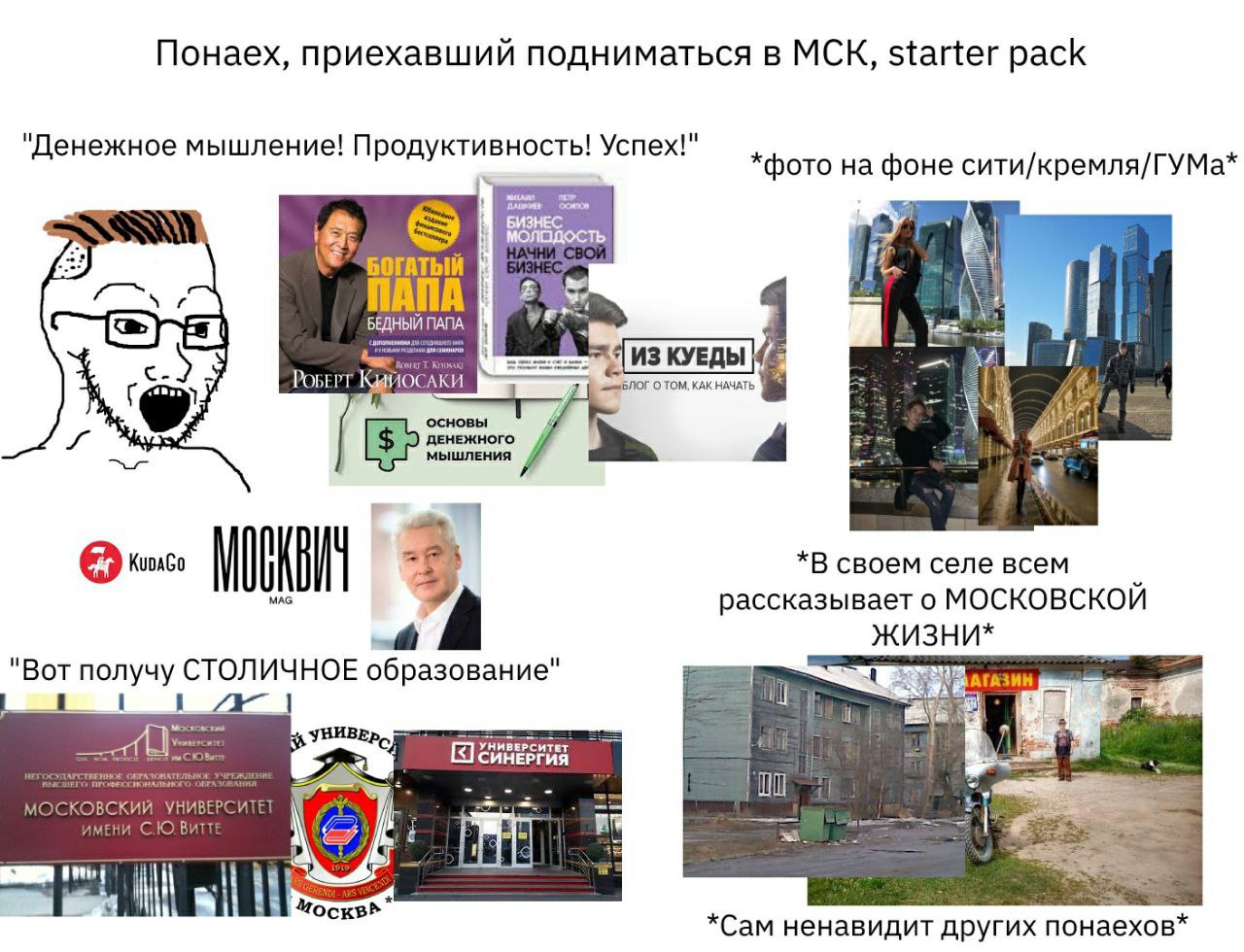 Понаех, приехавший подниматься в МСК, starter pack "Денежное мышление! Продуктивность! Успех!" *фото на фоне сити/кремля/ГУМа* a 22 РоБЕРТ ЛОГ ТОМ, КАК НАЧАТЬ основы Tay МЫШЛЕНИЯ *В своем селе всем ра