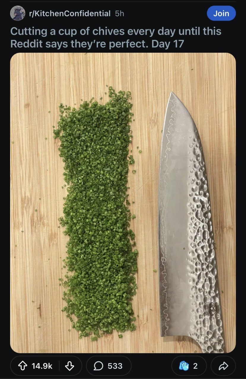 r/KitchenConfidential Join Cutting a cup of chives every day until this Reddit says they’re perfect. Day 17 Be У у on i wis и 4 4 4 See 14.9к 533 2
