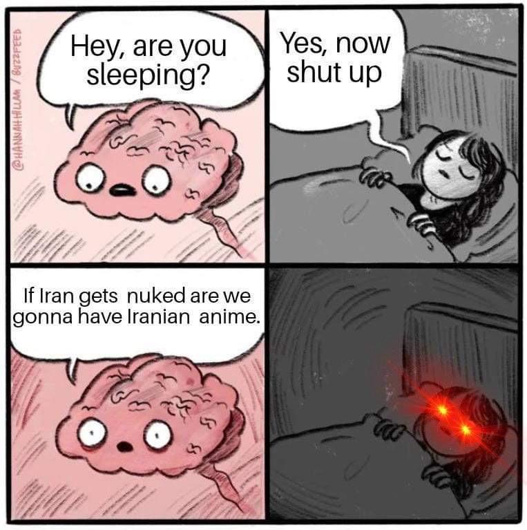 Yes, NOW Hey, are yOu sleeping? shut up If gets nuked are we gonna have Iranian anime.