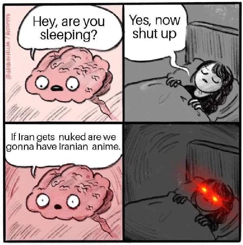 Yes, NOW Hey, are yOu sleeping? shut up If gets nuked are we gonna have Iranian anime.