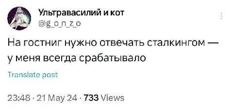 Ультравасилий и кот @gonzo На гостниг нужно отвечать сталкингом у меня всегда срабатывало Translate post 23:48 21 May 24 733 Views