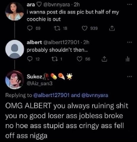 ага @Б\уппуага i wanna post dis ass pic but half of my coochie is out О 69 18 albert @albert127901 probably shouldn’t then.. О 12 1 56 с Ж @Aiz_san3 Replying to @albert127901 and @bvnnyara OMG ALBERT 