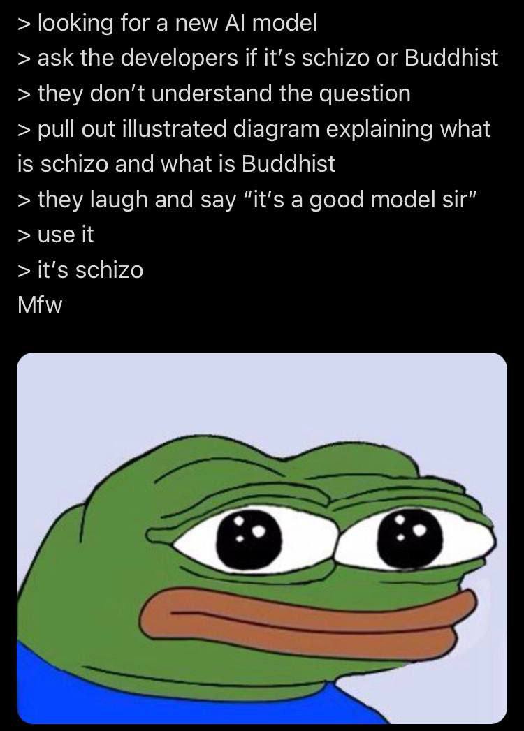 looking for a new model ask the developers if it's schizo or Buddhist they don’t understand the question pull out illustrated diagram explaining what is schizo and what 15 Buddhist they laugh and say 