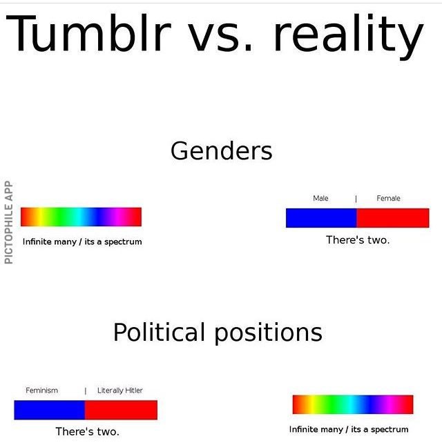 Tumblr reality Genders Мае Female Infinite many its a spectrum There's two. Political positions Feminism Literally Hitler There's two. Infinite many its a spectrum
