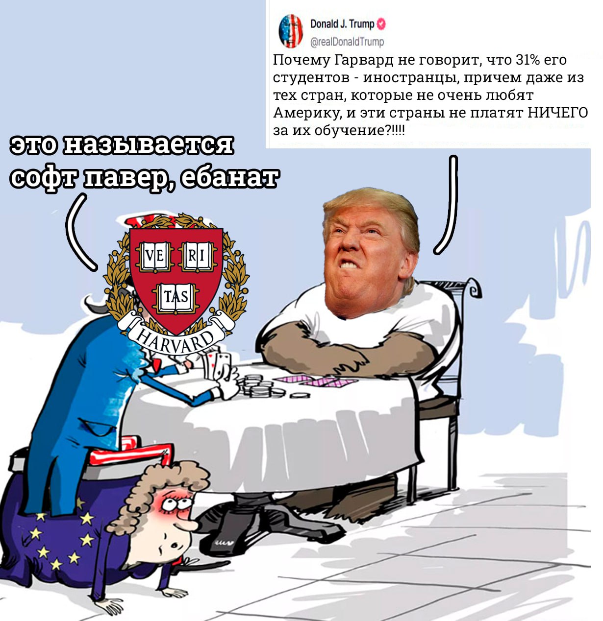 Donald Trump @realDonaldTrump Почему Гарвард не говорит, что 31% ero студентов иностранцы, причем даже из тех стран, которые не очень любят Америку, и эти страны не платят НИЧЕГО за этоназывается 5 У 