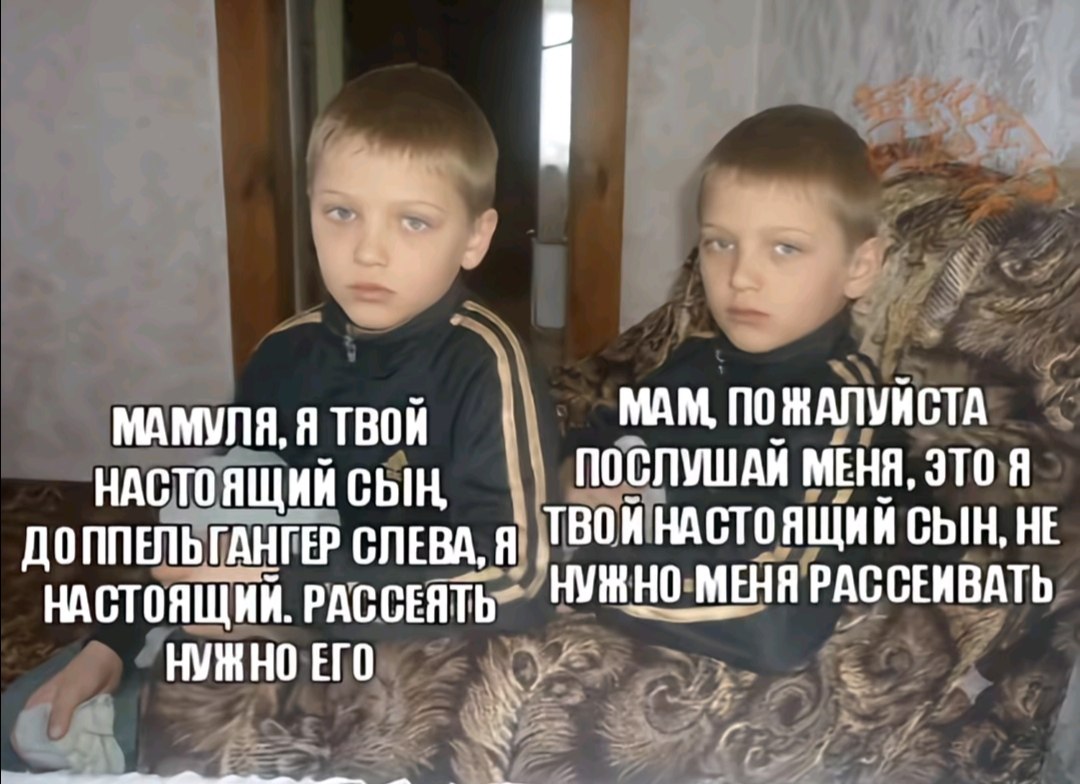 МАМУЛЯ, Я ТВОЙ МАМ. ПОЖАЛУЙСТА МЕНЯ, ЭТО Я НАСТОЯЩИЙ СЫН, ТВОЙ НАСТОЯЩИЙ СЫН, НЕ ДОППЕЛЬГАНГЕР СЛЕВА, Я РАССЕЯТЬ МЕНЯ РАССЕИВАТЬ ЕГО