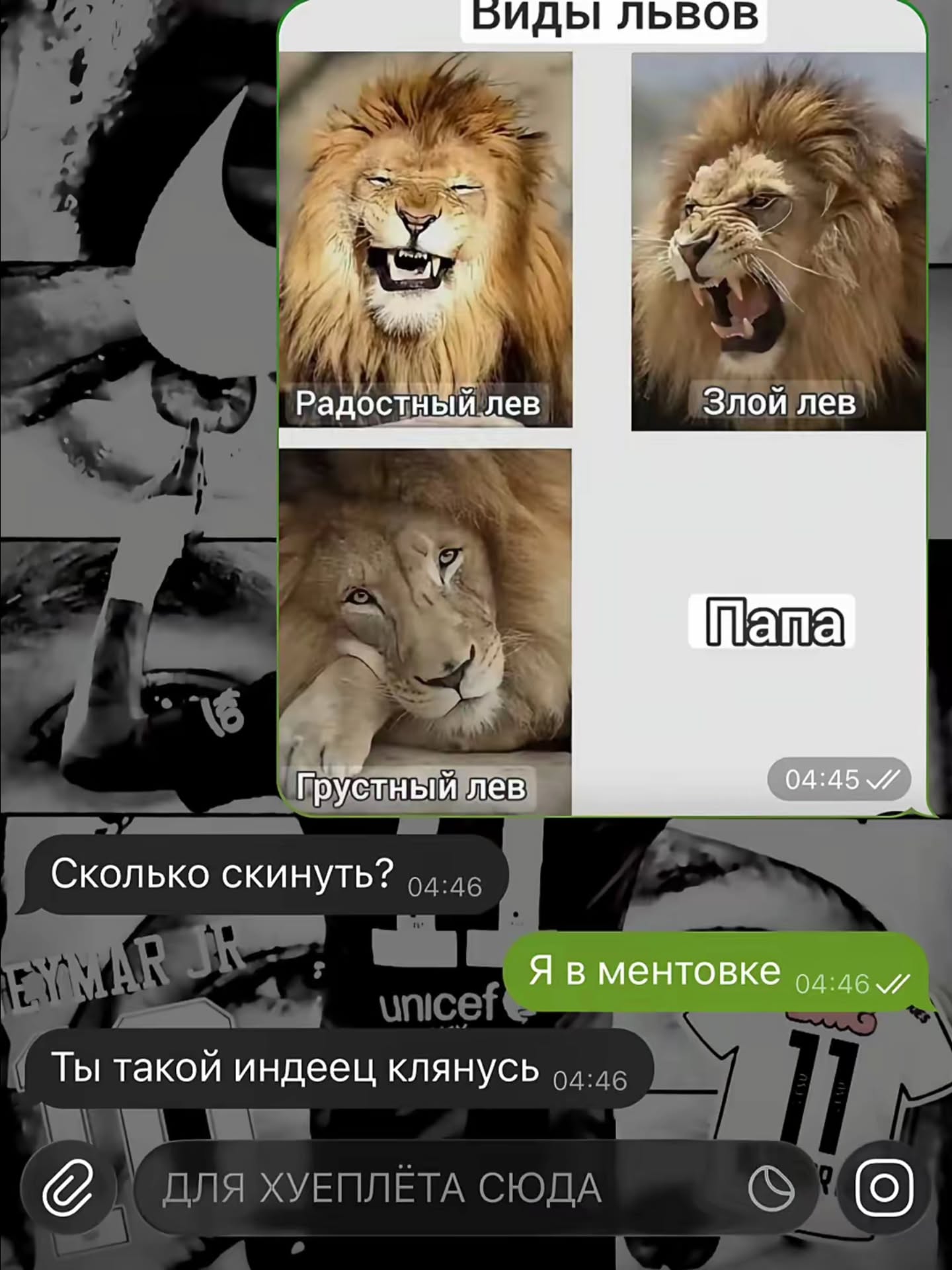 2ИДЫ ЛЬВОВ И, Радостный лев Злой лев Грустный лев 04:45 7 Сколько скинуть? Я в ментовке Ты такой индеец клянусь