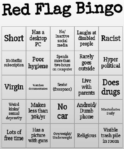 Red Flag Bingo Hasa Inactive No/ Laughs at social disabled Racist Short media people Spends No Netflix Poor more than Rarely Hyper subscription hygiene two hours goes political on computer outside Liv