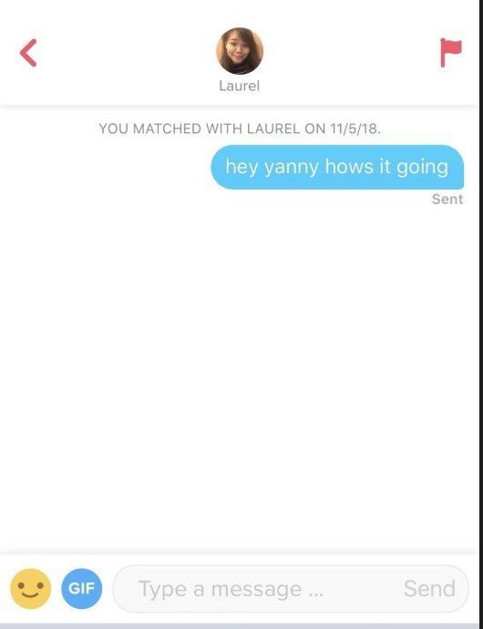 Laurel YOU MATCHED WITH LAUREL ON 11/5/18. hey yanny hows it going Sent о Type a message