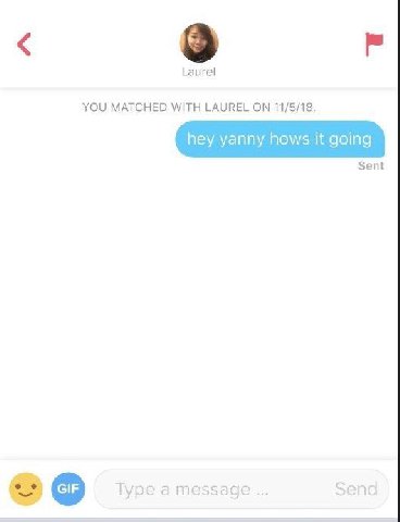 Laurel YOU MATCHED WITH LAUREL ON 11/5/18. hey yanny hows it going Sent о Type a message