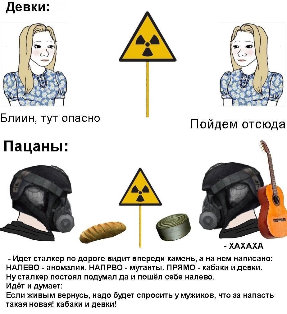Девки: Блиин, тут опасно Пойдем отсюда Пацаны: -ХАХАХА Идет сталкер по дороге видит впереди камень, а на нем написано: НАЛЕВО аномалии. НАПРВО мутанты. ПРЯМО кабаки и девки. Ну сталкер постоял подумал