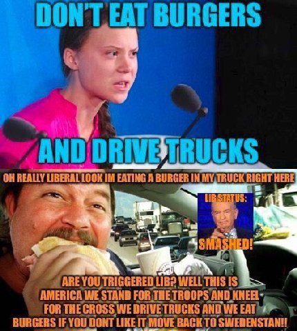 BURGERS AND DRIVETRUCKS REALLY LIBERAL LOOK EATING A BURGER IN RIGHT HERE ARE LIB? WELL THIS 1$ 5 WE TROOPS A AND) KNEEL~ FOR THEC WE DRIVETRUCKS AND WE EAT BURGERS ‘YOUD DONT LIKE IT, EIT MOVEB BACKT
