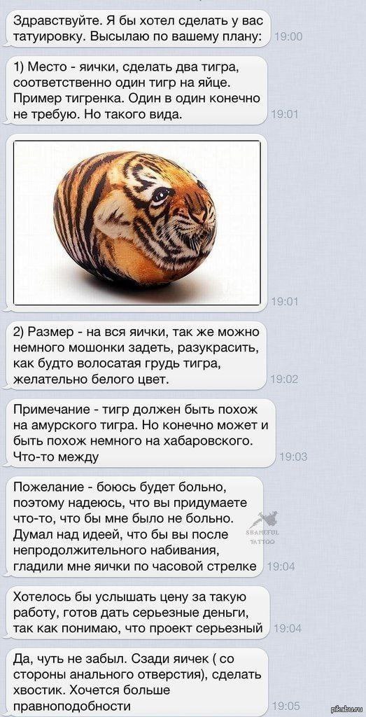 Здравствуйте. Я бы хотел сделать у вас татуировку. Высылаю по вашему плану: 1) Место яички, сделать два тигра, соответственно один тигр на яйце. Пример тигренка. Один в один конечно не требую. Но тако