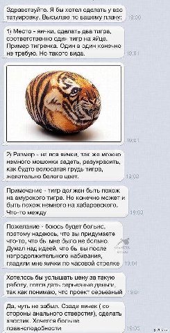 Здравствуйте. Я бы хотел сделать у вас татуировку. Высылаю по вашему плану: 1) Место яички, сделать два тигра, соответственно один тигр на яйце. Пример тигренка. Один в один конечно не требую. Но тако