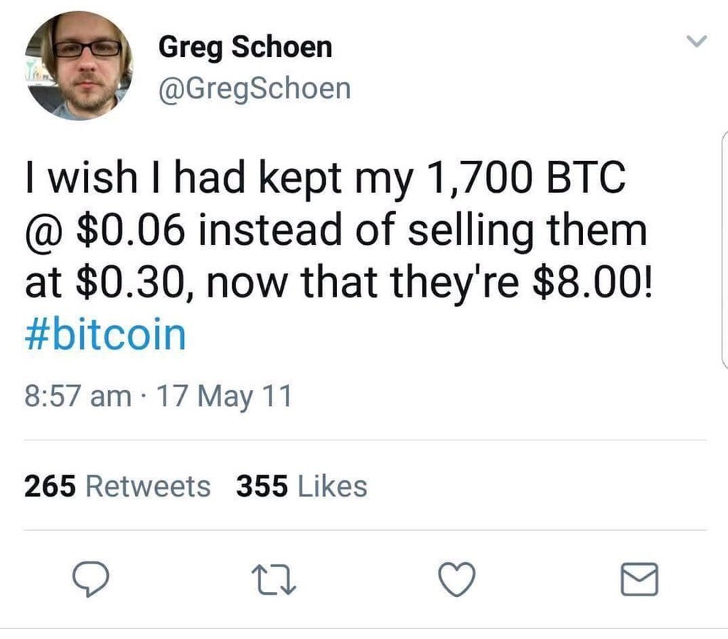 Greg Schoen @GregSchoen wish had kept my 1,700 BTC $0.06 instead of selling them at $0.30, now that they're $8.00! #bitcoin 8:57 17 Мау 11 265 Retweets 355 Likes