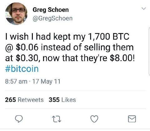 Greg Schoen @GregSchoen wish had kept my 1,700 BTC $0.06 instead of selling them at $0.30, now that they're $8.00! #bitcoin 8:57 17 Мау 11 265 Retweets 355 Likes