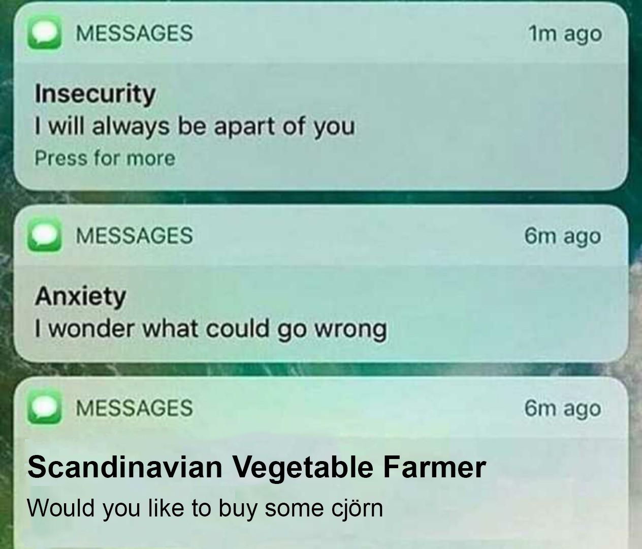 MESSAGES ago Insecurity will always be apart of you Press for more MESSAGES ago Anxiety wonder what could wrong MESSAGES ago Scandinavian Vegetable Farmer Would you like to buy some cjérn