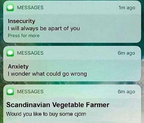 MESSAGES ago Insecurity will always be apart of you Press for more MESSAGES ago Anxiety wonder what could wrong MESSAGES ago Scandinavian Vegetable Farmer Would you like to buy some cjérn