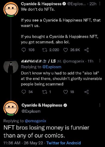 Cyanide Happiness We NFTs. If you see a Cyanide Happiness МЕТ. that wasn't из. you bought a Cyanide Happiness МЕТ. you got scammed, alse lol. Don't know why и hac to add the “also lol” at the end ther