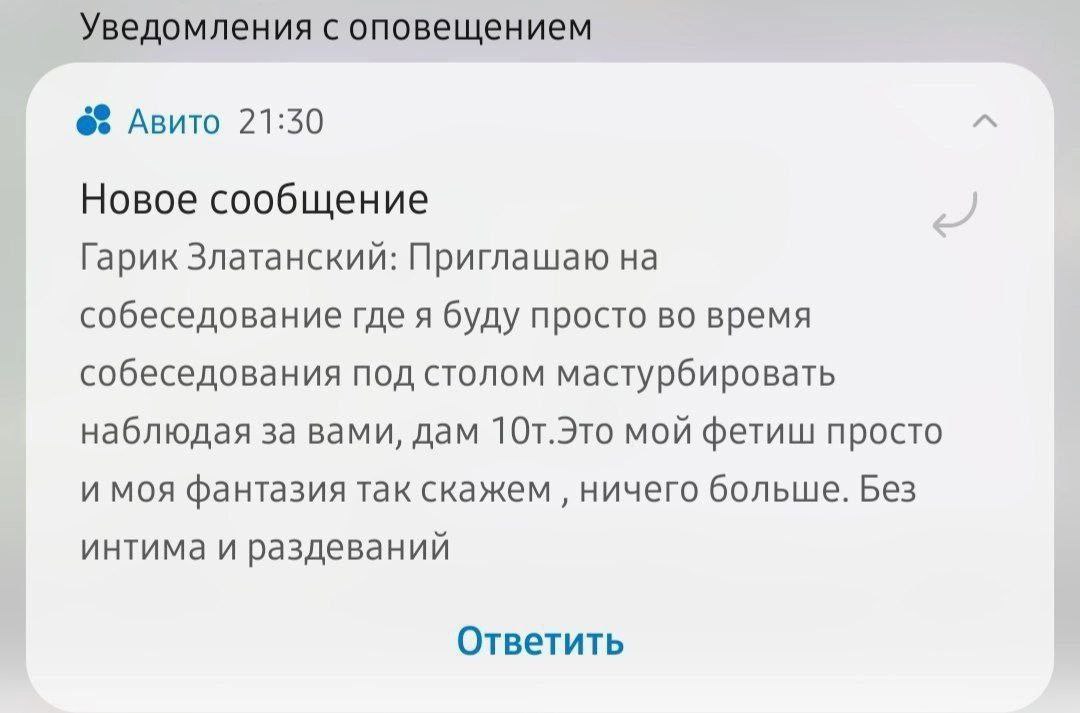 Уведомления с оповещением Авито 21:30 Новое сообщение Гарик Златанский: Приглашаю на собеседование где я буду просто во время собеседования под столом мастурбировать наблюдая за вами, дам 10т.Это мой 