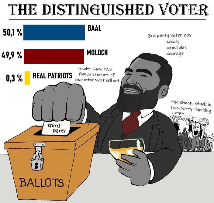 THE DISTINGUISHED VOTER party voter has deals principles courage 199% MOLOCH esults show that REAL PATRIOTS of 0,3 character wont sell out thinking the sheep, stuck in a4