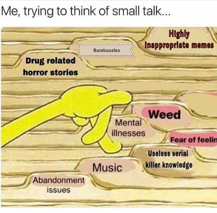 Me, trying to think of small talk... Drug related horror stories Mental. Useless Music issues