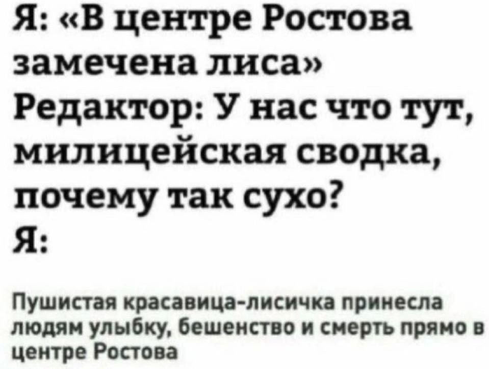 Я: «В центре Ростова замечена лиса» Редактор: У нас что тут, милицейская сводка, почему так сухо? Я: Пушистая красавица-лисичка принесла людям улыбку, бешенство и смерть прямо в центре Ростова