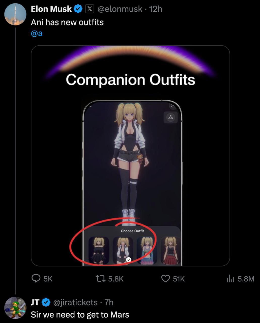 Elon Musk Ani has new outfits Companion Sir we need to get to Mars