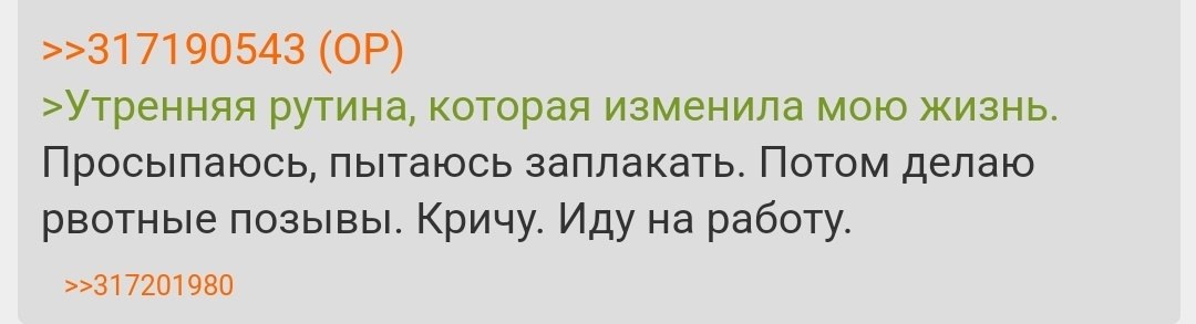 >>317190543 >Утренняя рутина, которая изменила мою жизнь. Просыпаюсь, пытаюсь заплакать. Потом делаю рвотные позывы. Кричу. Иду на работу. >>31/201980