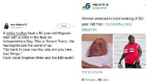 МВС DFW @NBCOFW Woman arrested in brick beating of 92- a Amy Siskind man: on.nbcdfw.com/ sEbzH1H A white mother beat a 92 year-old Hispanic man with a brick in the face on Independence Day. This is Do