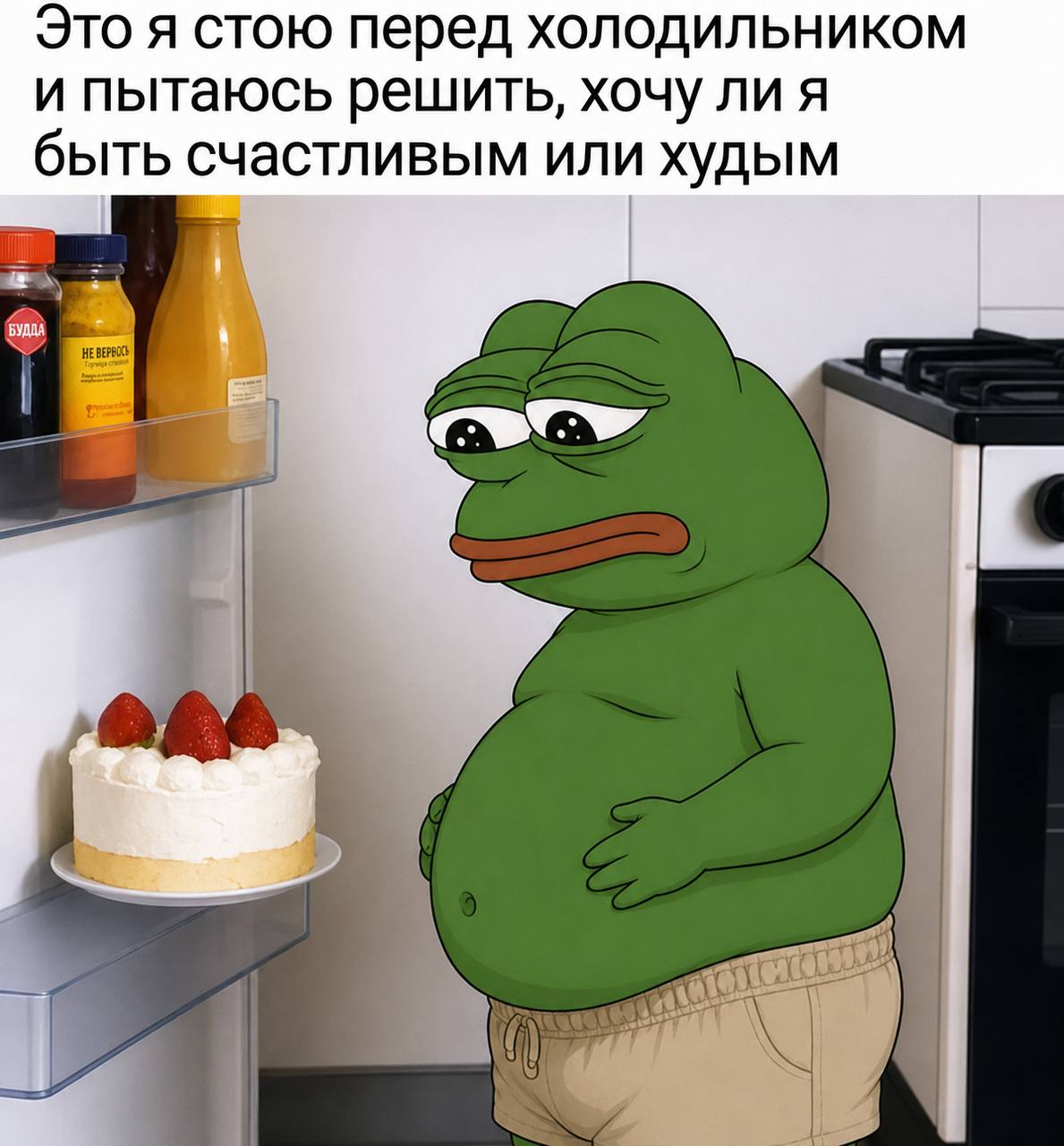 Это я стою перед холодильником и пытаюсь решить, хочу ли я быть счастливым или худым у 1}