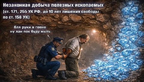 Незаконная добыча полезных ископаемых 171, 255 до 10 лет лишения свободы по 158 бля руки в говне ну лан пох буду мыть at a
