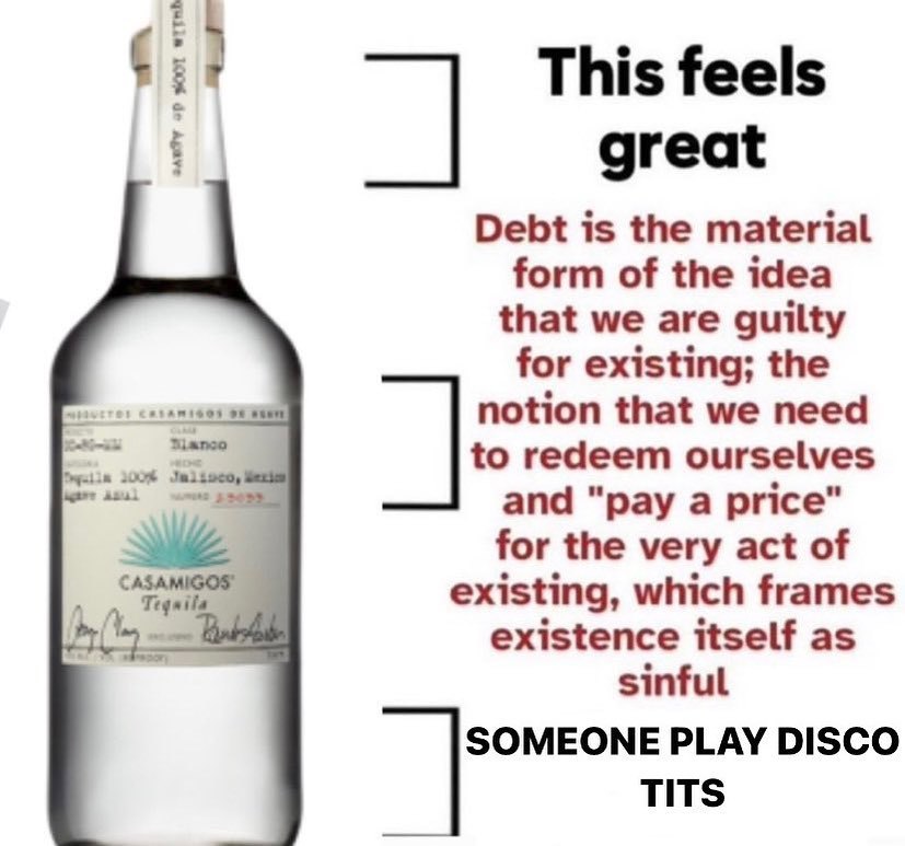 This feels great Debt is the material form of the idea that we are guilty for existing; the notion that we need to redeem ourselves и and “pay a price" for the very act of existing, which frames exist