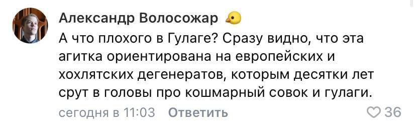 Александр Волосожар А что плохого в Гулаге? Сразу видно, что эта агитка ориентирована на европейских и хохлятских дегенератов, которым десятки лет срут в головы про кошмарный совок и гулаги. сегодня в