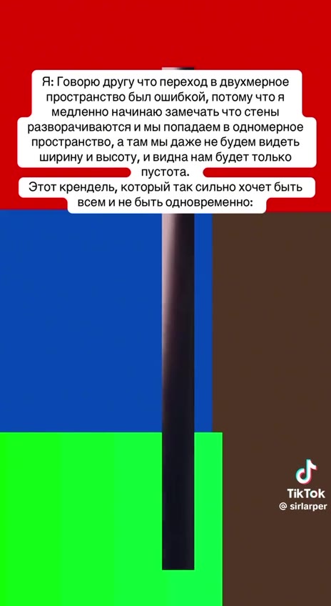 Я: Говорю другу что переход в двухмерное пространство был ошибкой, потому что я медленно начинаю замечать что стены разворачиваются и мы попадаем в одномерное пространство, а там мы даже не будем виде