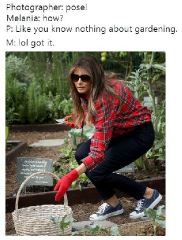 Photographer: pose! Melania: how? Like you know nothing about gardening. lol got it. i 4 he a.
