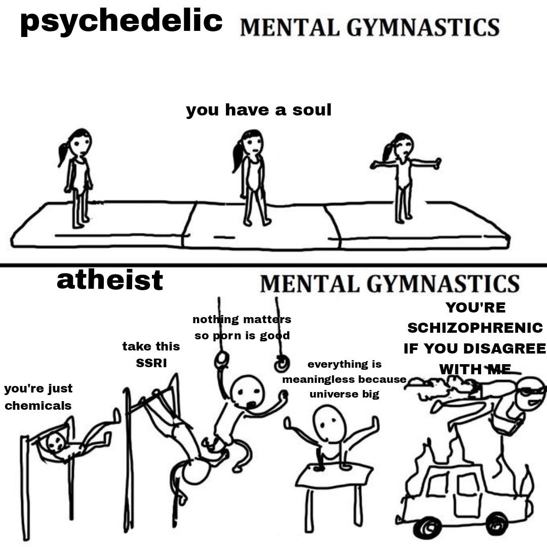 psychedelic суммА$Т!С$ you have a soul atheist MENTAL GYMNASTICS YOU'RE SCHIZOPHRENIC take this IF YOU DISAGREE SSRI everything is WITH you're just chemicals I i