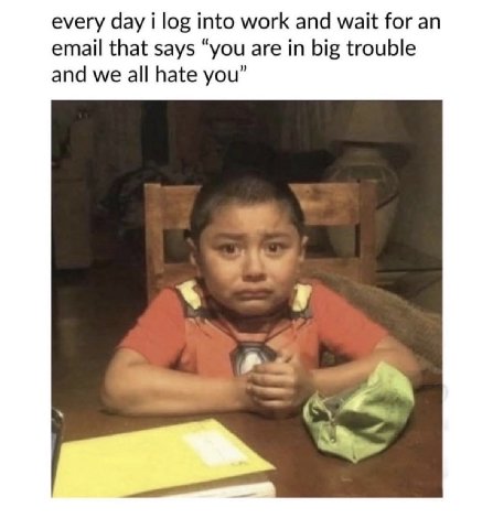 every day i log into work and wait for an email that says “you are in big trouble and we all hate you”