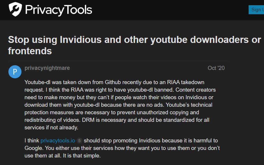 Stop using Invidious and other youtube downloaders frontends Youtube-di was taken down from Github recently due to an RIAA takedown request. think the RIAA was rignt to nave youtube-d! banned. Content