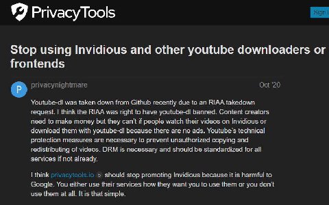 Stop using Invidious and other youtube downloaders frontends Youtube-di was taken down from Github recently due to an RIAA takedown request. think the RIAA was rignt to nave youtube-d! banned. Content